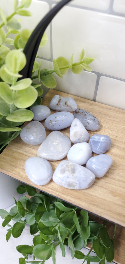 a bowl of Blue Lace Agate crystals stones