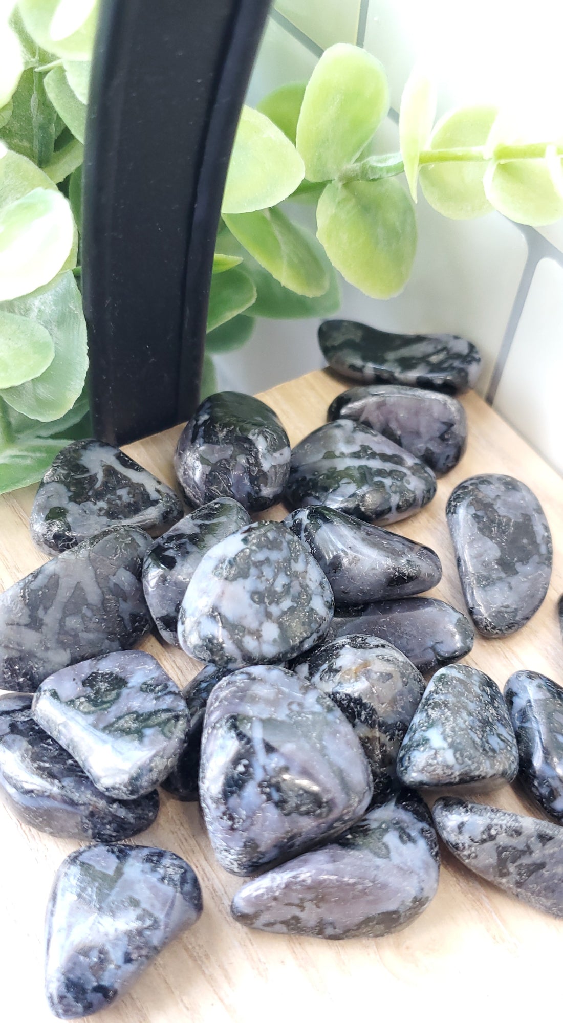 indigo gabbro piled up on shelf