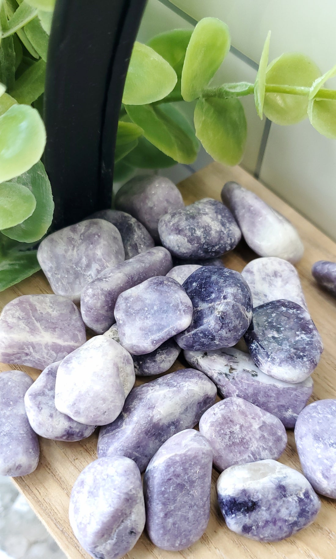 Lepidolite crystals stones piled up on wooden shelf