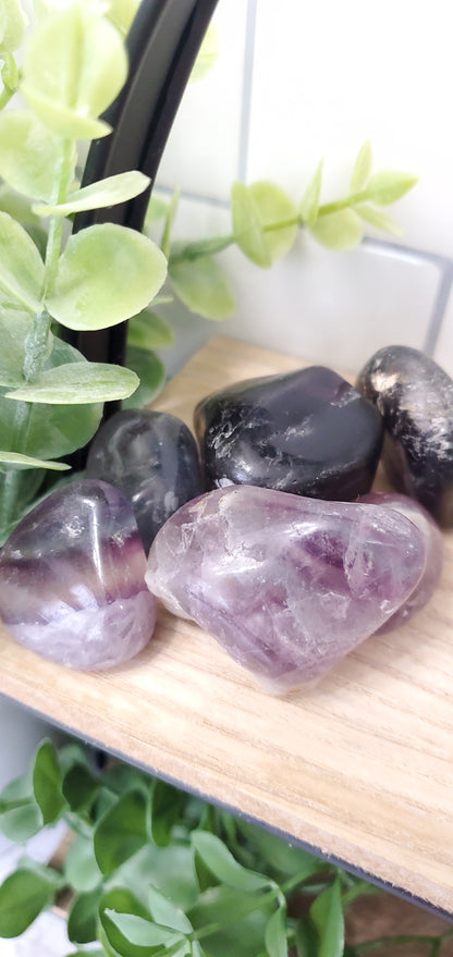 Rainbow Fluorite crystals stones on a wooden shelf